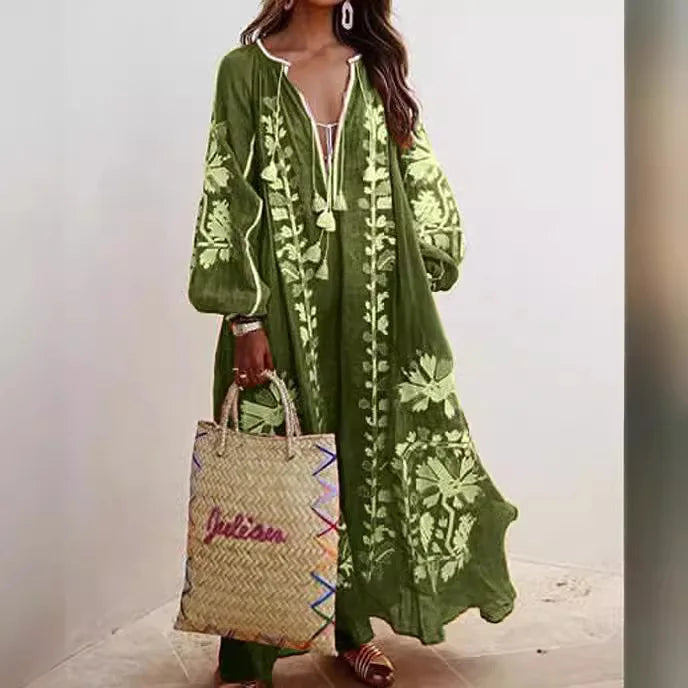 Boho Elegant Print MooMoo Dress For Women | Loose Luxury MooMoo V Neck |  Lace Up Big Hem MooMoo Dresses 2025|  Fashion New Lady MooMoo Robe